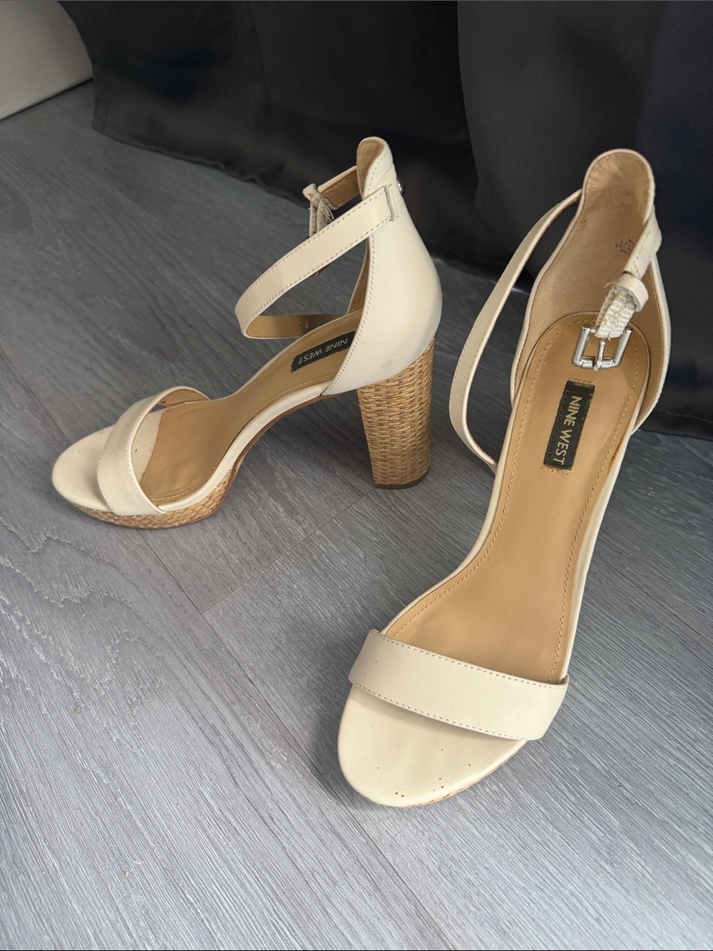 Nine West Cream Open-Toe Ankle-Strap Woven Heels
